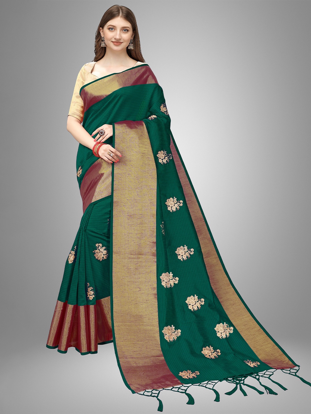 

Trendmalls Green & Purple Floral Embroidered Pure Silk Saree