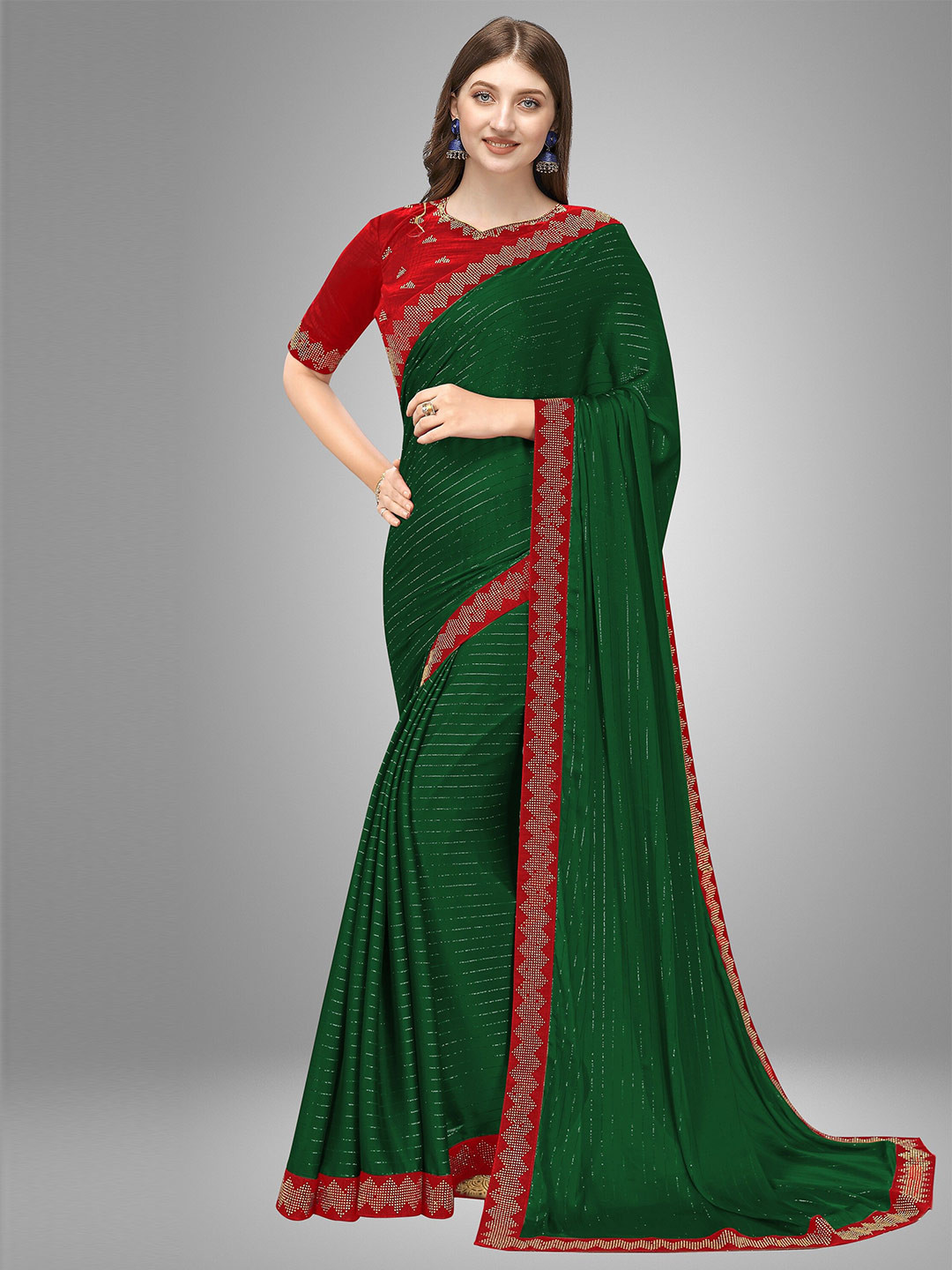 

Trendmalls Green & Red Beads and Stones Embellished Pure Silk Saree