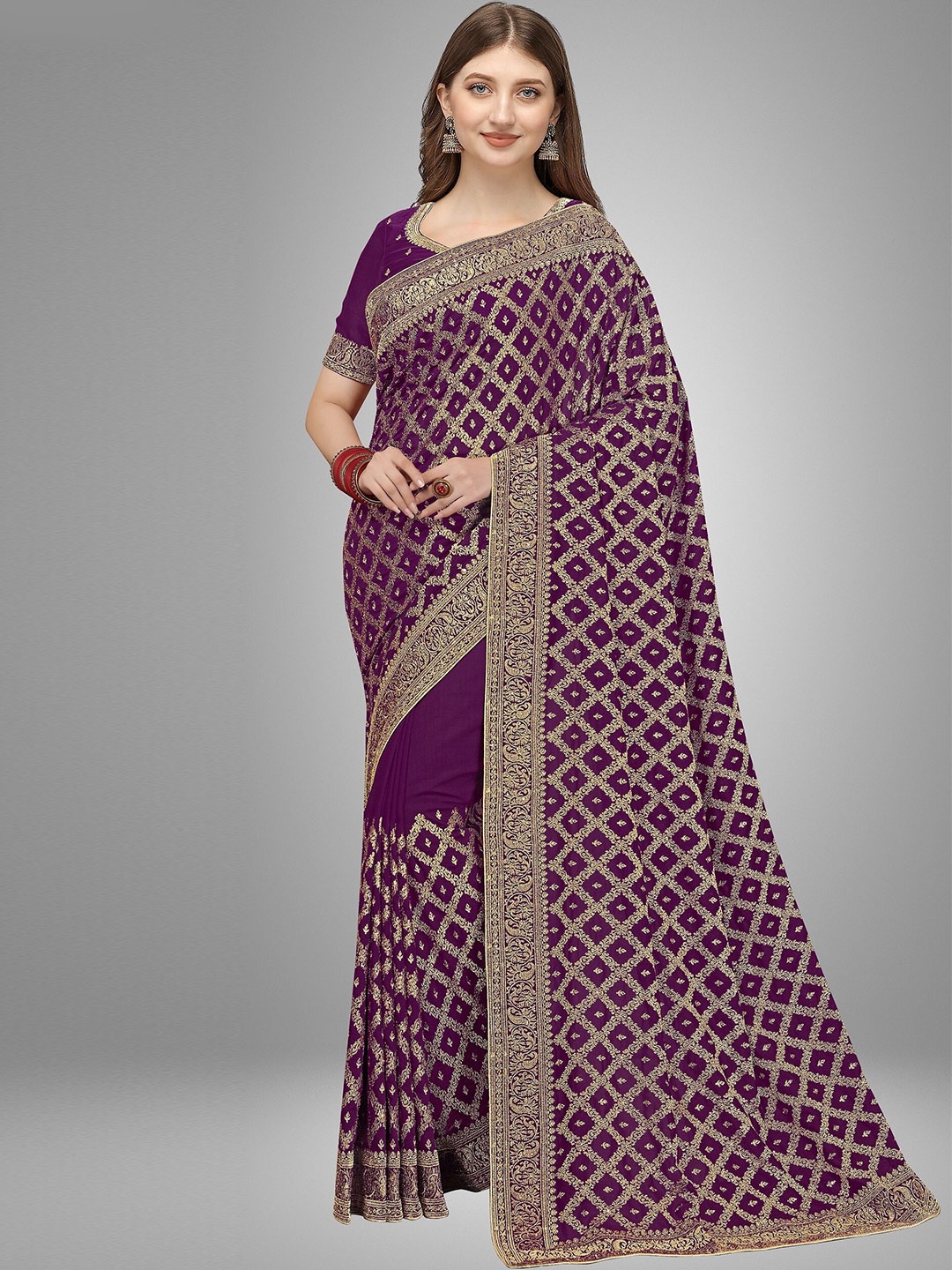 

Trendmalls Purple & Gold-Toned Floral Embroidered Pure Silk Saree