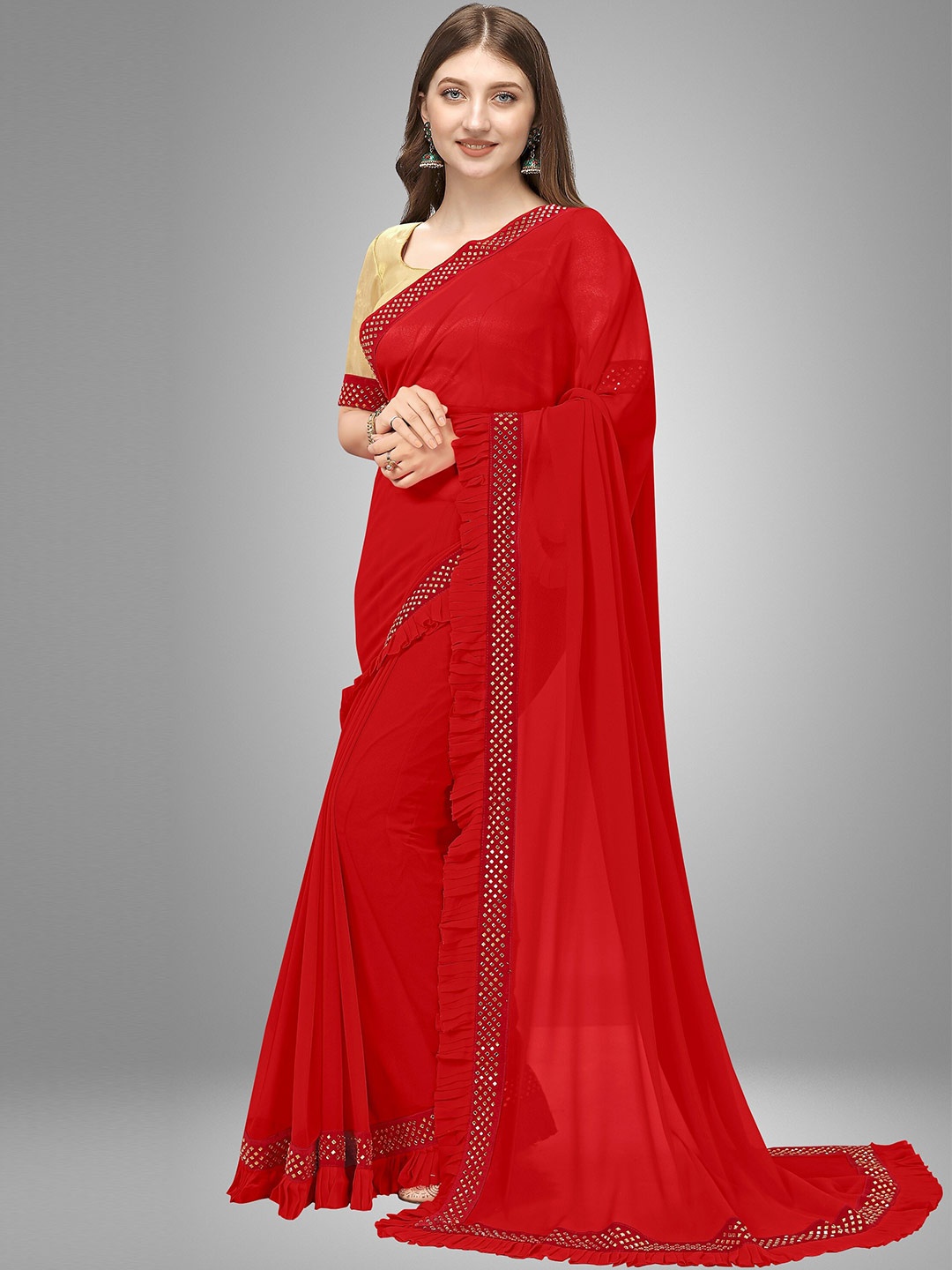 

Trendmalls Red Beads and Stones Pure Georgette Saree