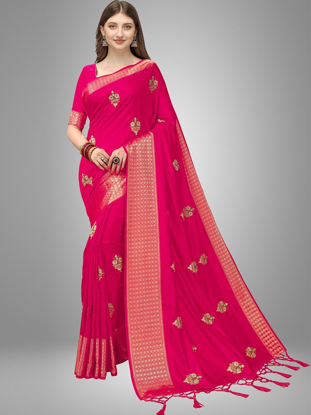 

Trendmalls Women Pink & Gold-Toned Floral Embroidered Art Silk Banarasi Saree