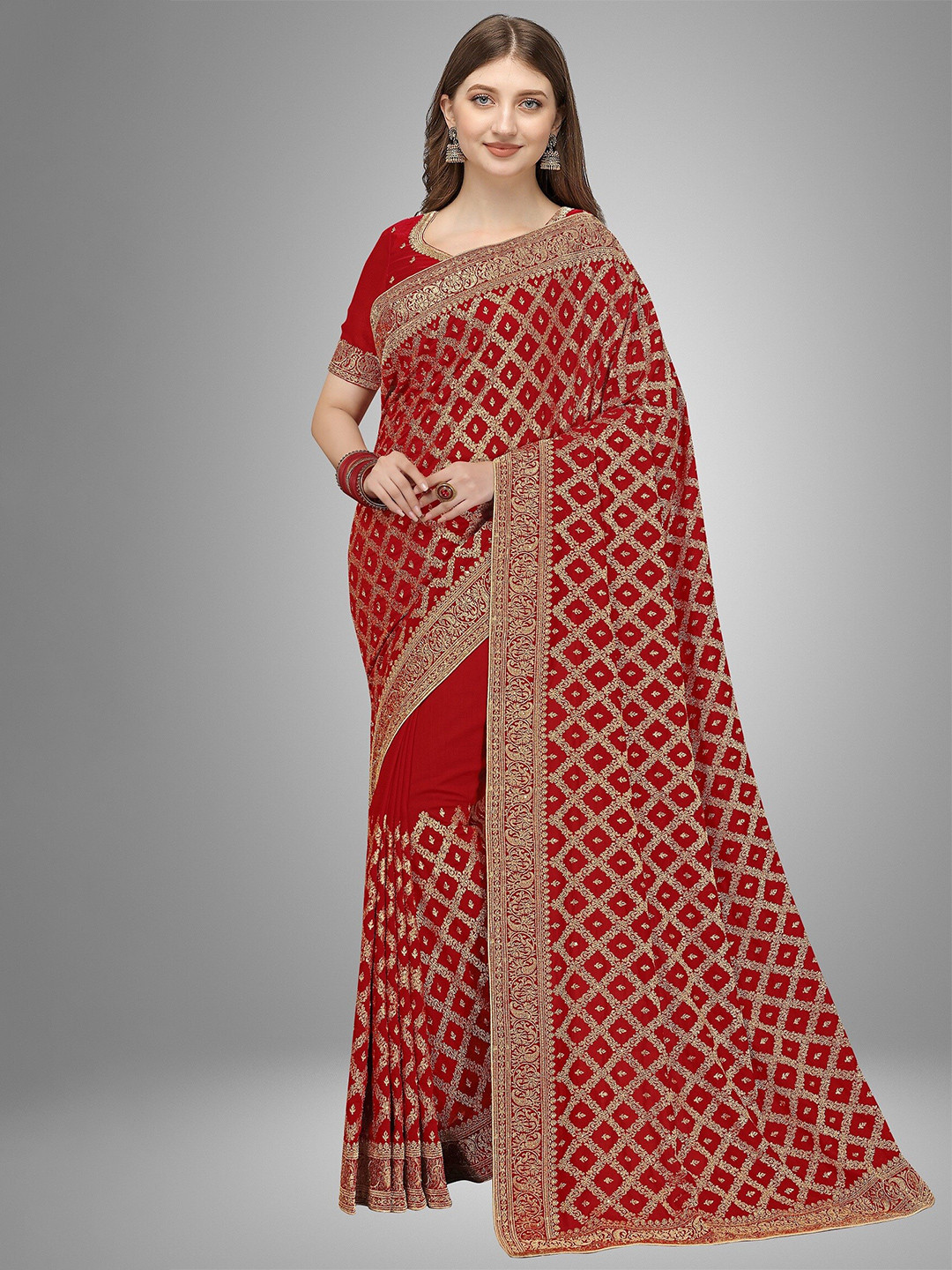 

Trendmalls Red & Gold-Toned Floral Embroidered Pure Silk Saree