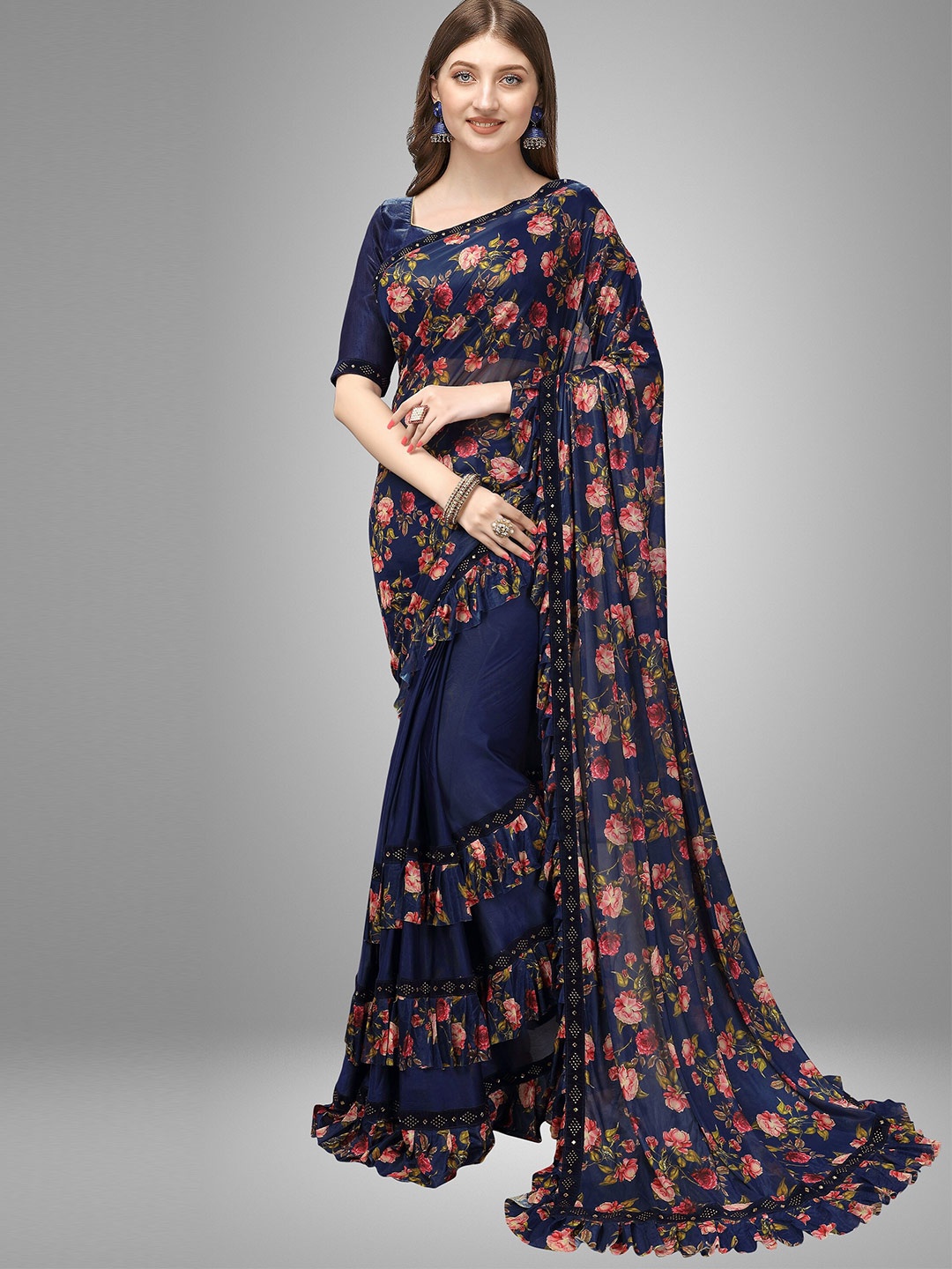 

Trendmalls Women Blue & Pink Floral Embellised Border Saree