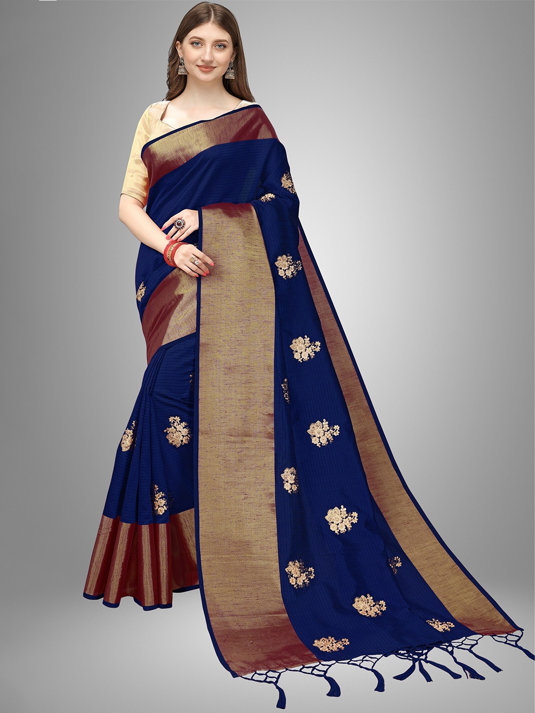 

Trendmalls Blue & Purple Floral Embroidered Pure Silk Saree