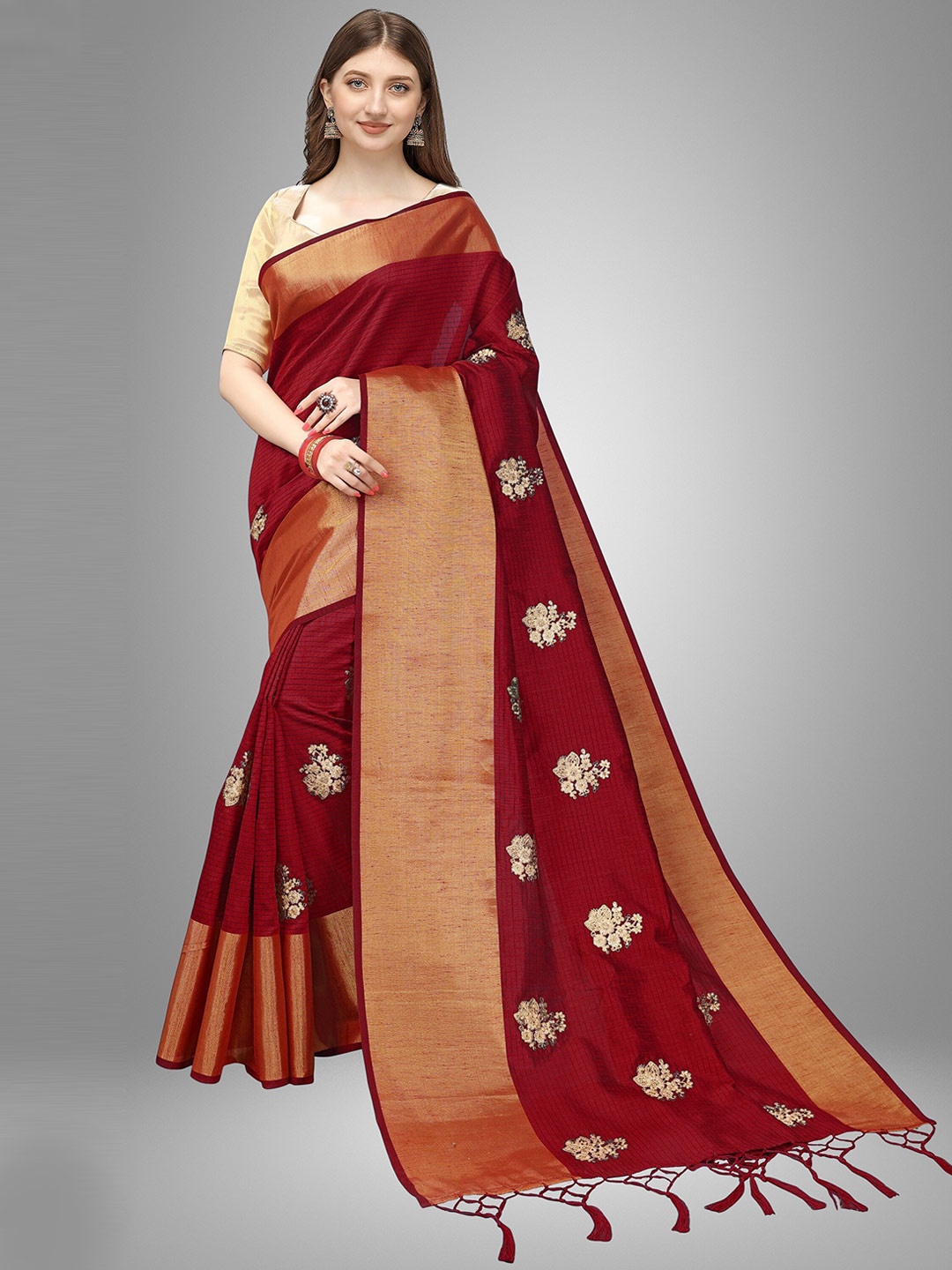 

Trendmalls Maroon & Gold-Toned Floral Zari Pure Silk Saree