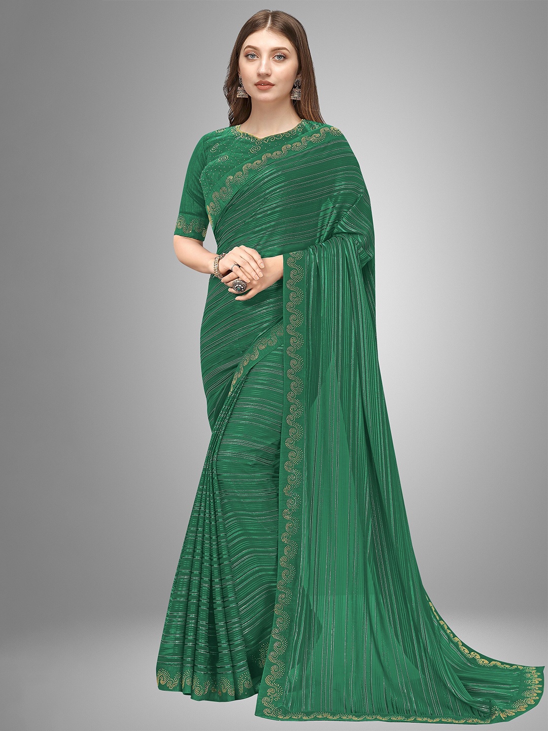 

Trendmalls Green Embellished Pure Silk Saree