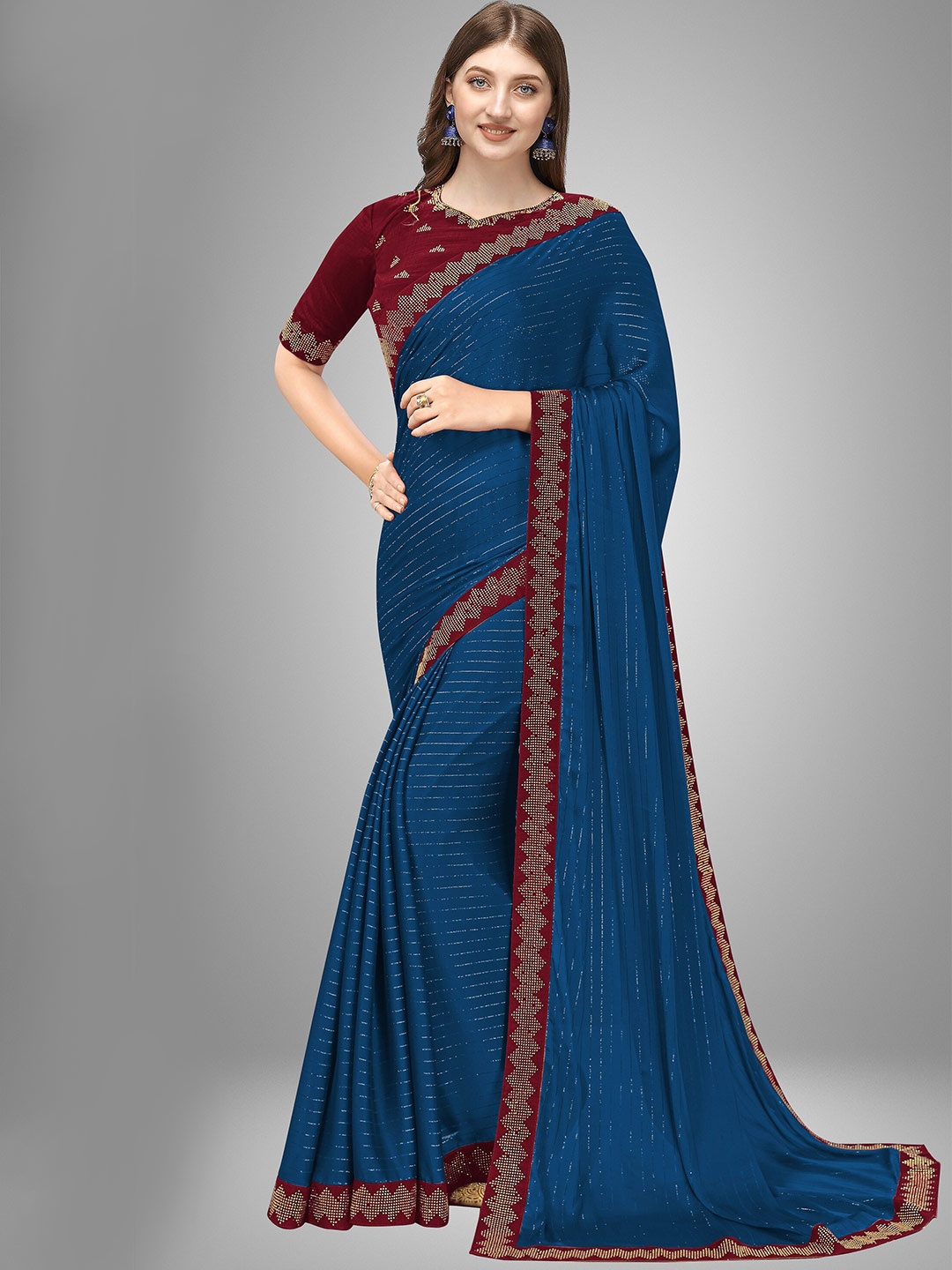 

Trendmalls Sea Green & Maroon Embellished Pure Silk Saree