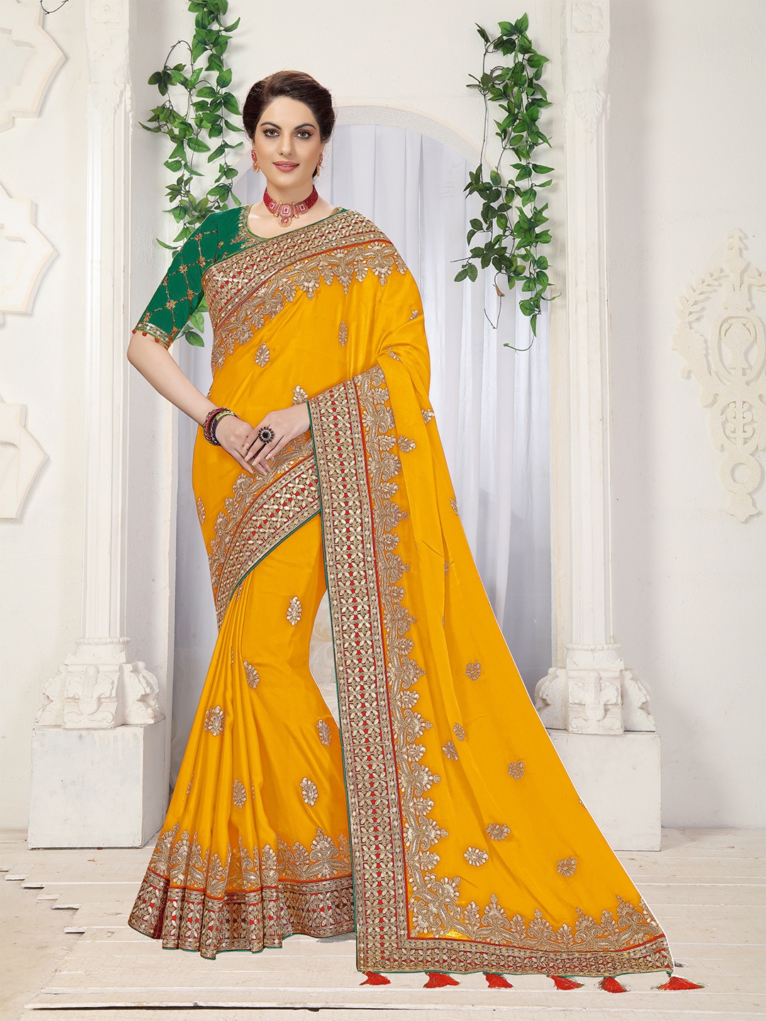 

Trendmalls Yellow & Red Floral Embroidered Pure Silk Saree