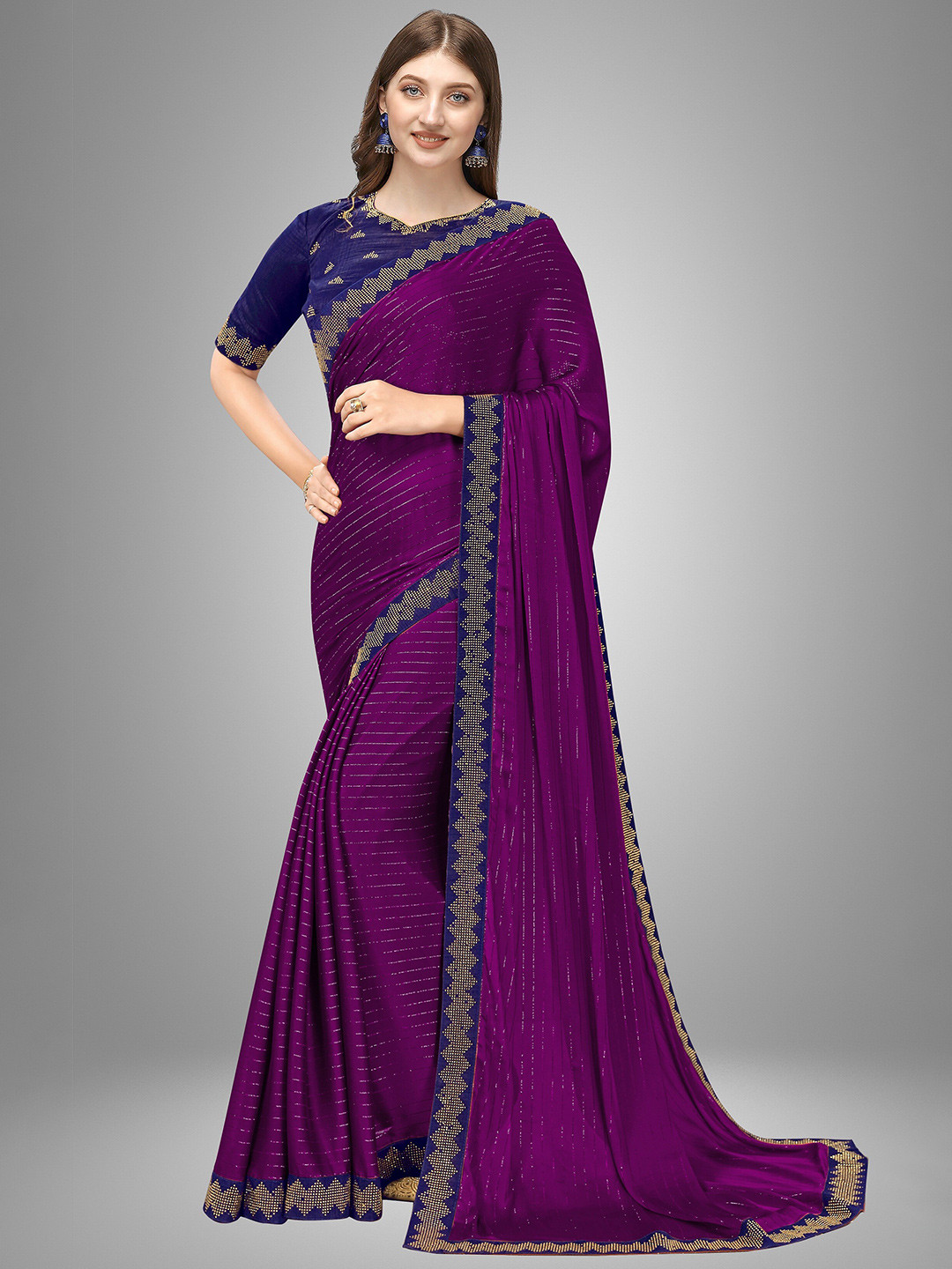 

Trendmalls Purple & Navy Blue Embellished Pure Silk Saree
