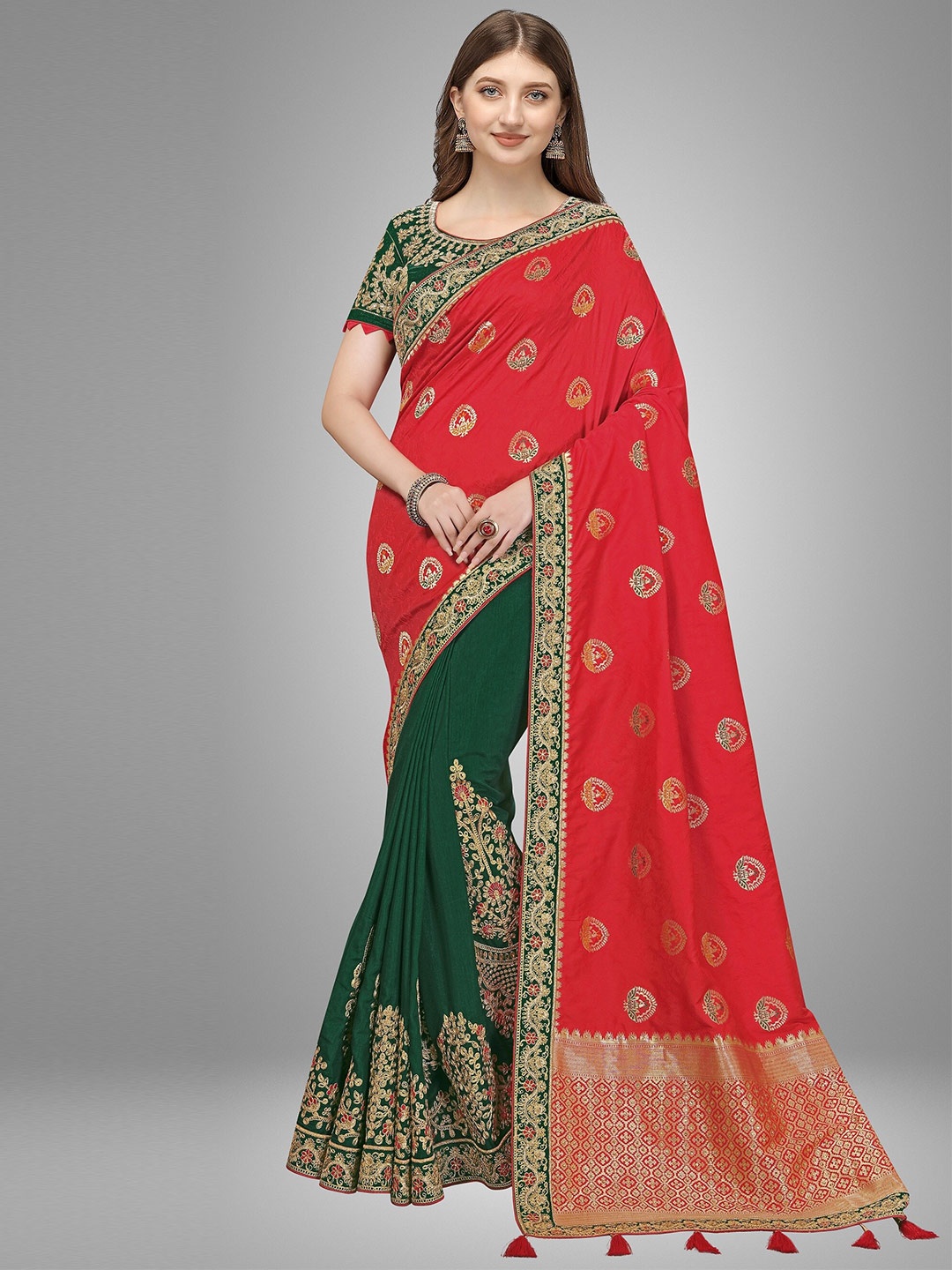 

Trendmalls Red & Green Ethnic Motifs Embroidered Banarasi Saree
