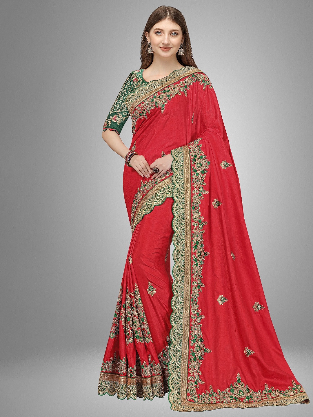 

Trendmalls Women Red & Green Floral Embroidered Pure Silk Saree