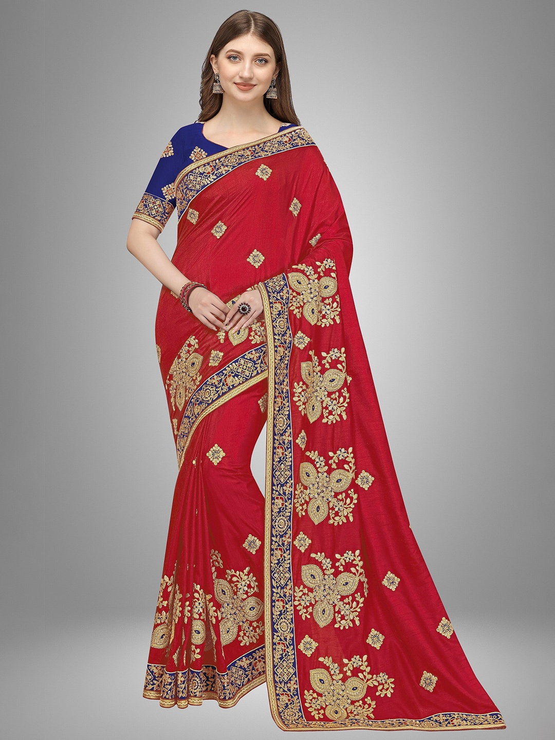 

Trendmalls Red & Blue Ethnic Motifs Embroidered Pure Silk Saree