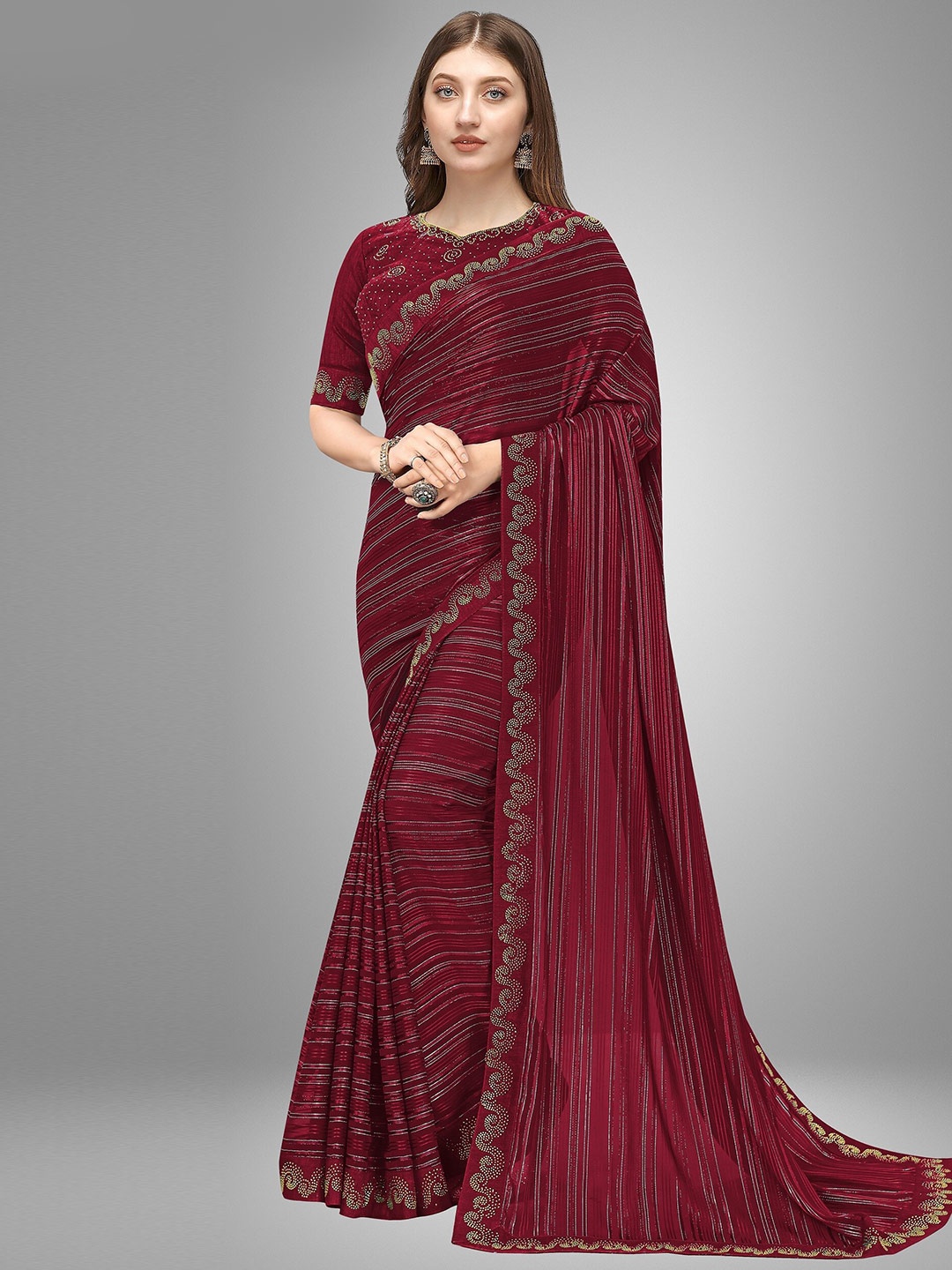 

Trendmalls Maroon & Gold-Toned Embellished Pure Silk Saree