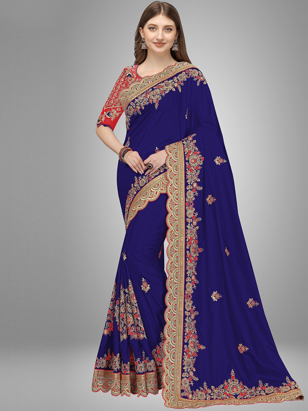 

Trendmalls Blue & Gold-Toned Floral Embroidered Pure Silk Saree