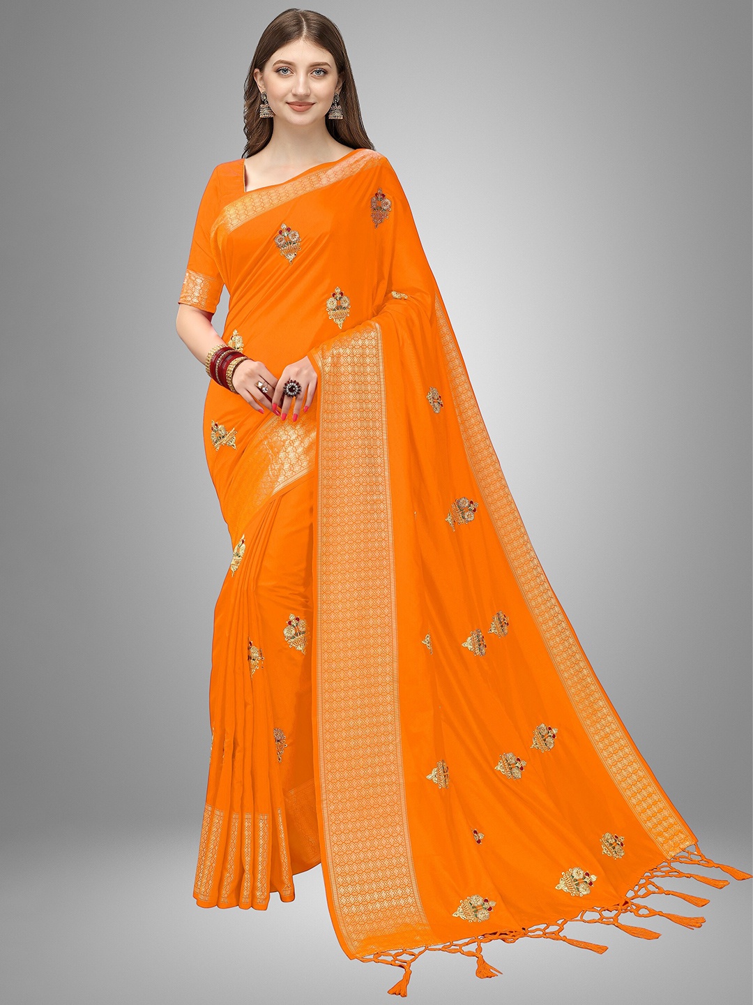 

Trendmalls Orange Floral Embroidered Art Silk Banarasi Saree