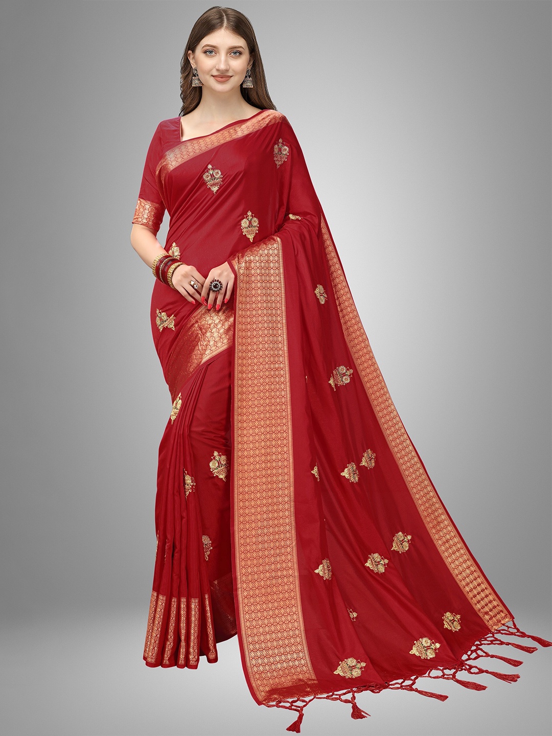 

Trendmalls Red & Gold-Toned Floral Embroidered Art Silk Banarasi Saree