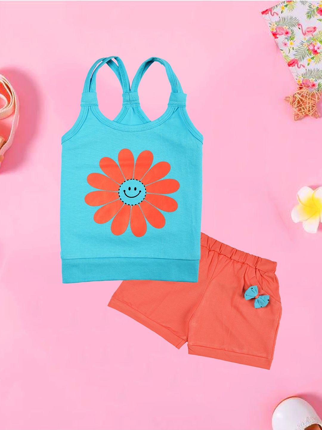 

CATCUB Girls Blue & Peach-Coloured Printed Top with Shorts