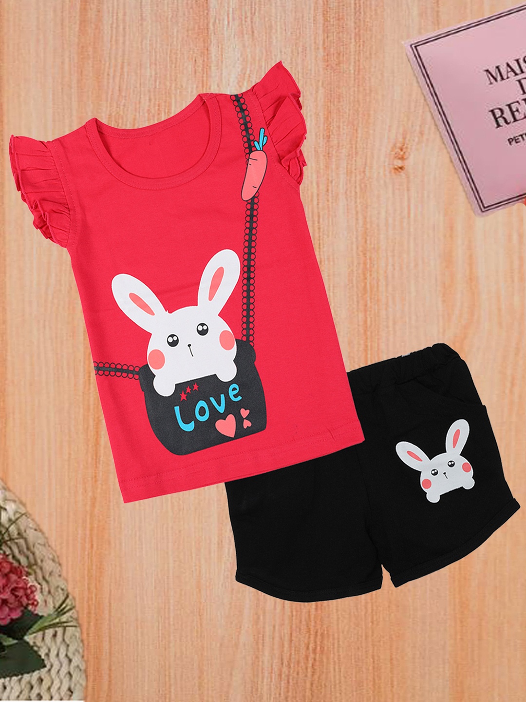 

CATCUB Girls Red Girl's Cotton Top & Shorts hot pants Clothing Set