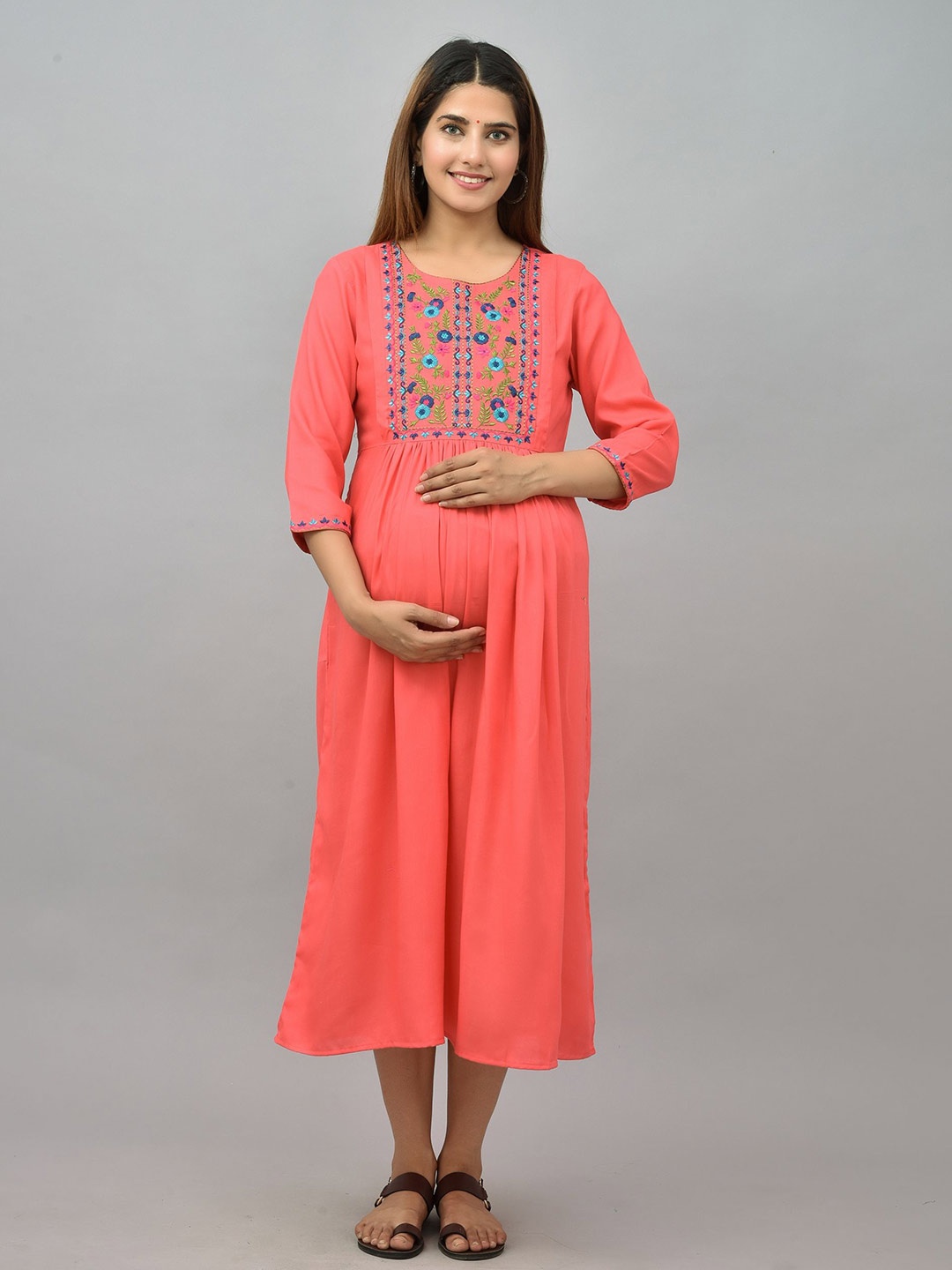 

KALINI Peach-Coloured & Blue Embroidered Maternity Midi Dress