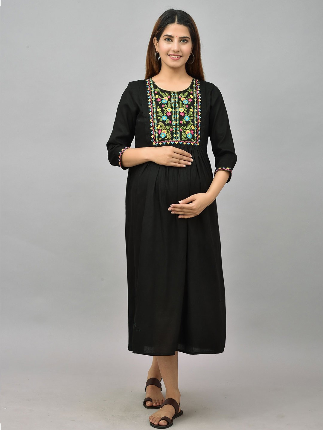 

KALINI Black Floral Embroidered Maternity Midi Dress