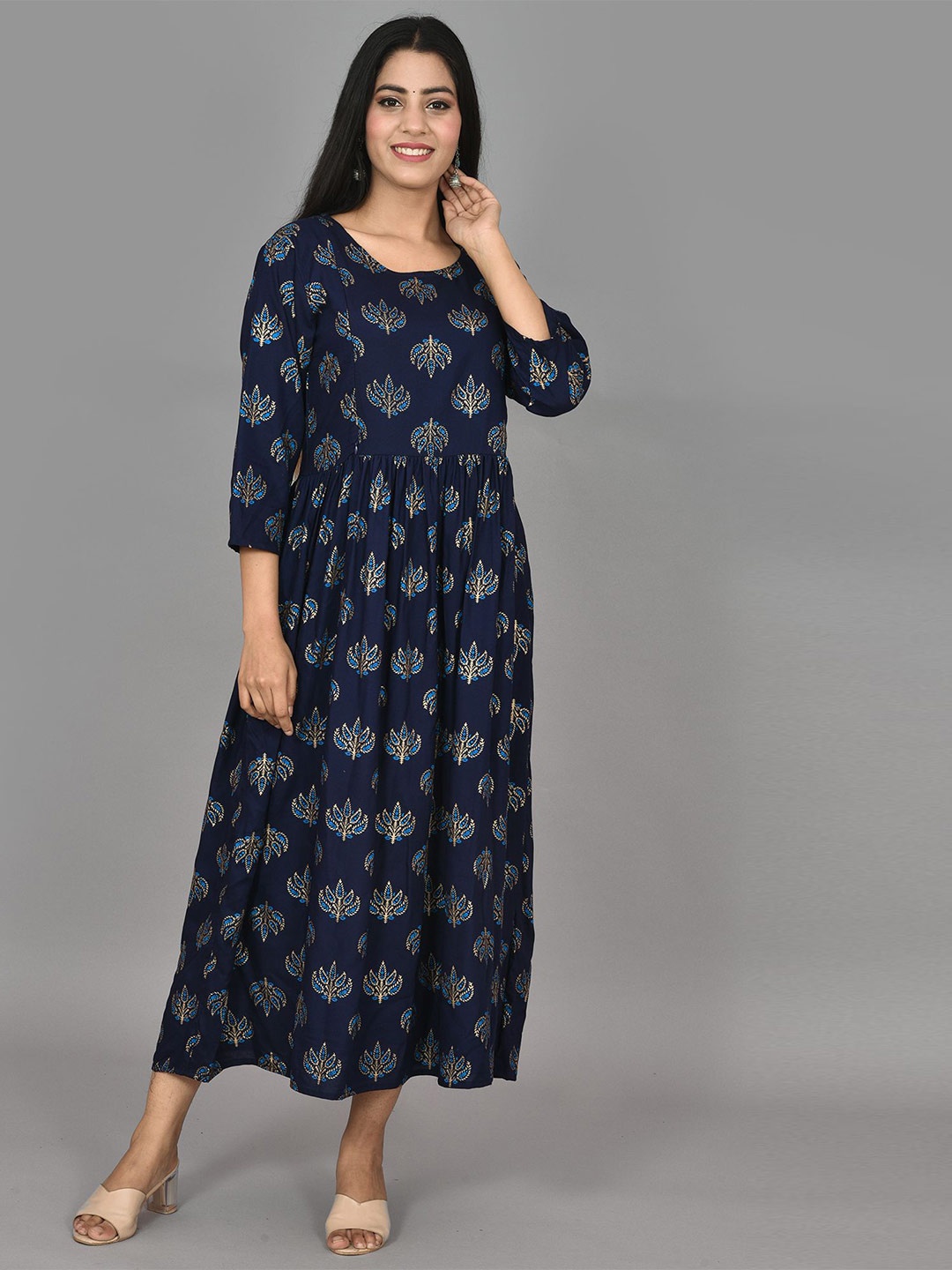 

KALINI Blue Ethnic Motifs Maternity Maxi A-Line Dress