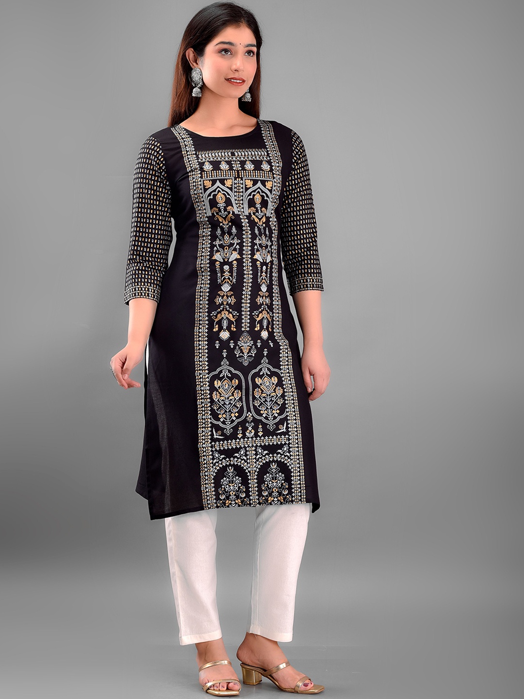 

KALINI Women Black & White Ethnic Motifs Printed Kurta