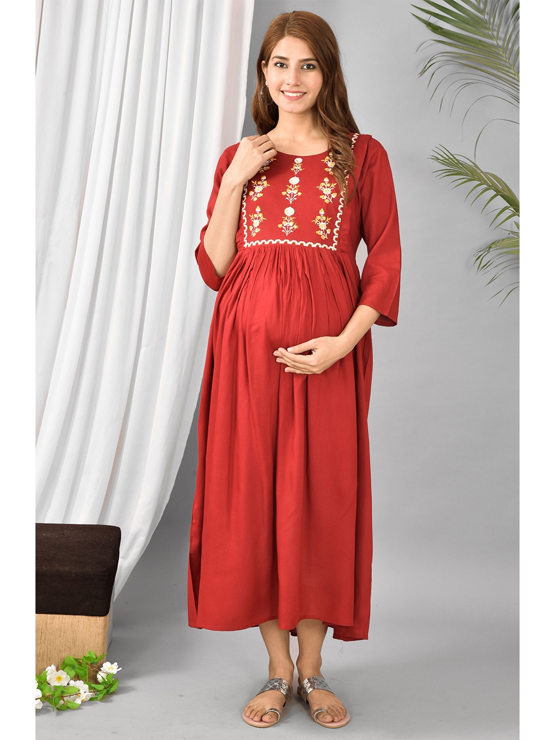 

KALINI Women Maroon Ethnic Motifs Maternity A-Line Midi Dress