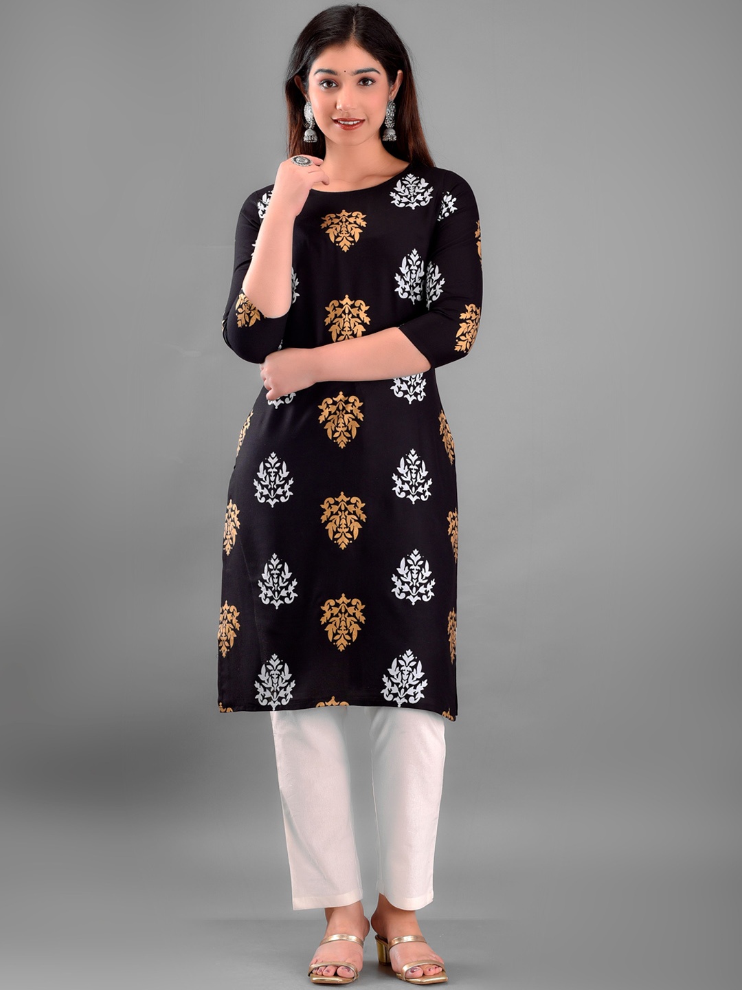 KALINI Women Black Ethnic Motifs Printed Floral Kurta