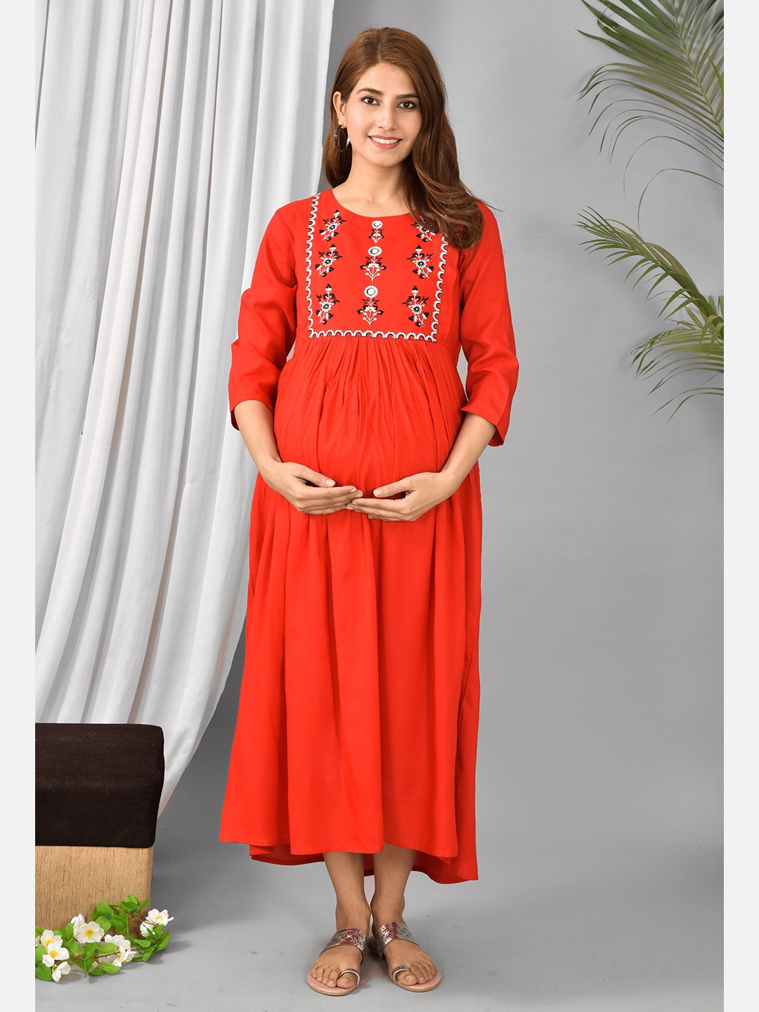 

KALINI Red Layered Maternity A-Line Midi Dress