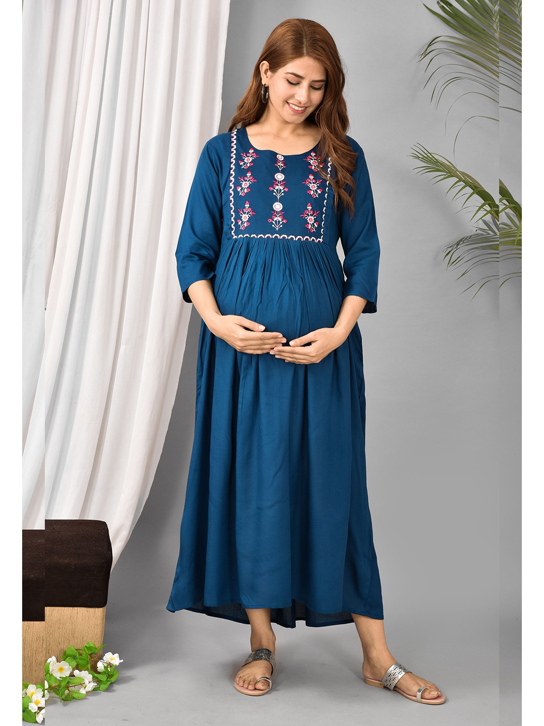 

KALINI Blue Maternity Embroidered Maternity Empire Maxi Dress