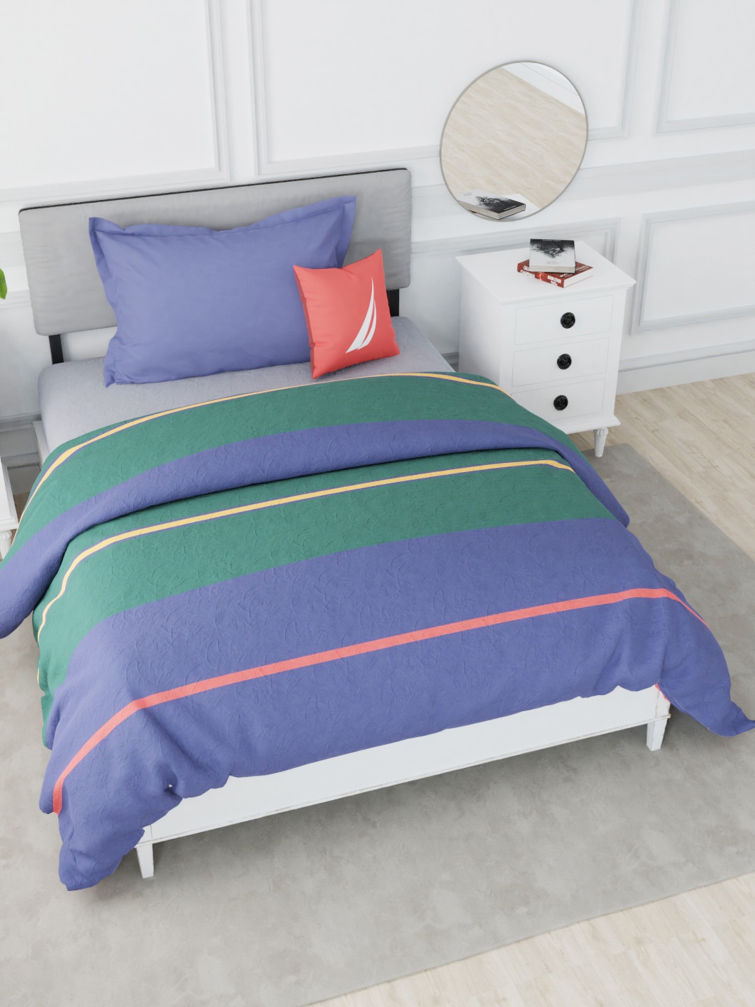 

Nautica Blue & Green Striped AC Room 150 GSM Satin Pure Cotton Single Bed Quilt