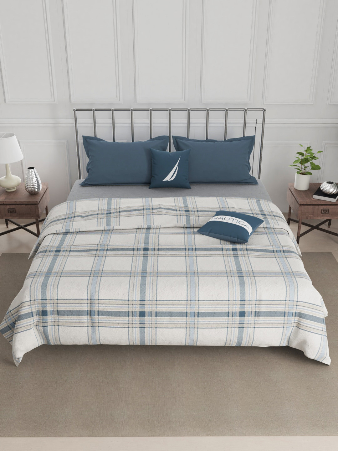 

Nautica White & Blue Checked AC Room 300 GSM Double Bed Dohar