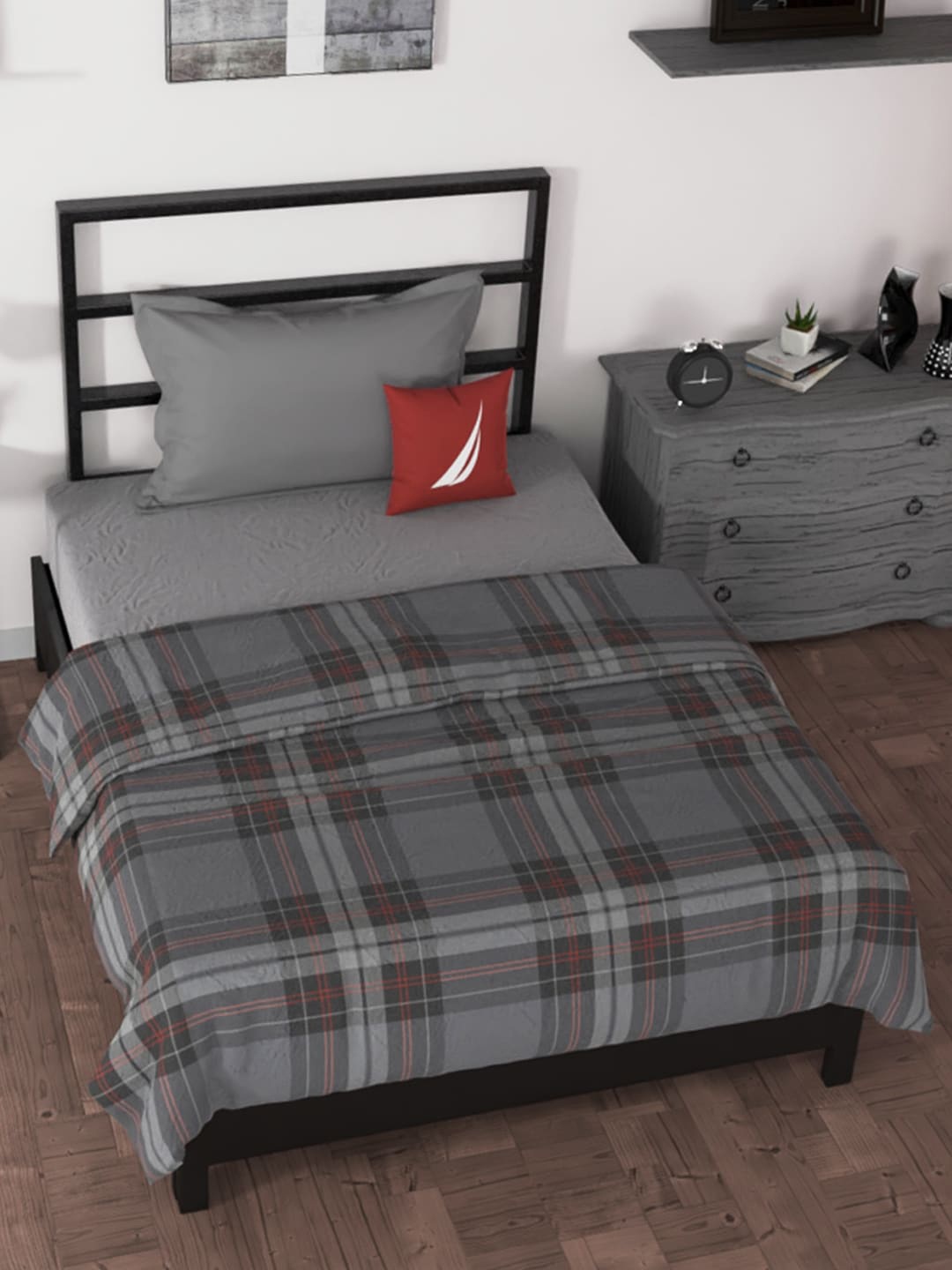 

Nautica Grey & Red Checked AC Room 210 GSM Single Bed Dohar