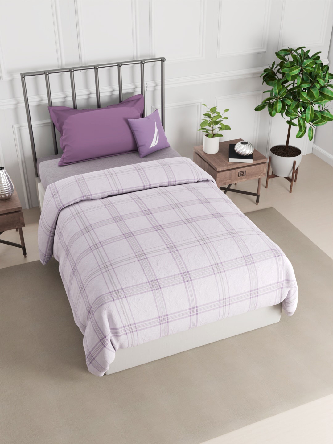 

Nautica Purple & White Checked AC Room 150 GSM Pure Cotton Single Bed Quilt