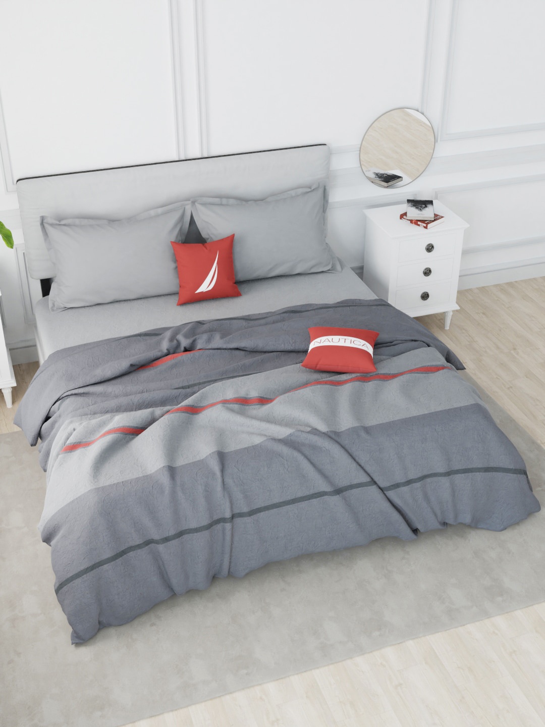 

Nautica Grey & Red Striped AC Room 150 GSM Pure Cotton Double Bed Quilt