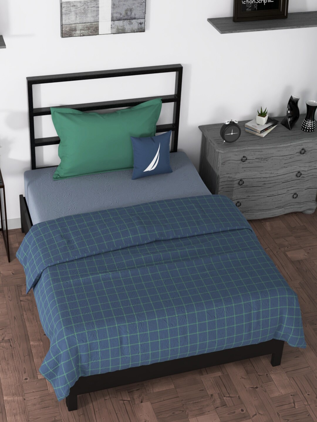 

Nautica Blue & Green Checked AC Room 210 GSM Cotton Single Bed Dohar