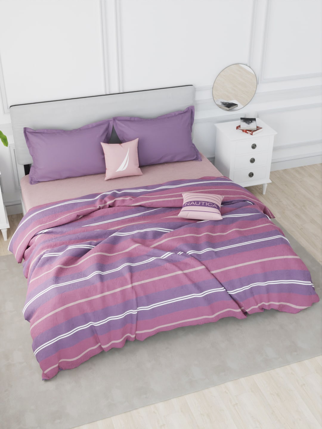 

Nautica Purple & White Striped AC Room 150 GSM Pure Cotton Double Bed Quilt