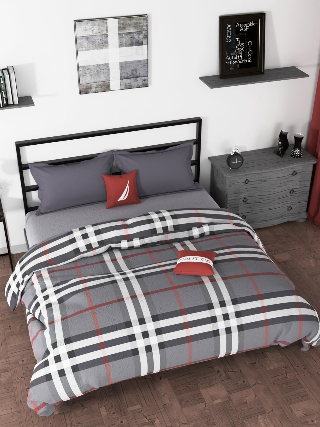 

Nautica Grey & Red Checked AC Room 120 GSM Pure Cotton Double Bed Quilt