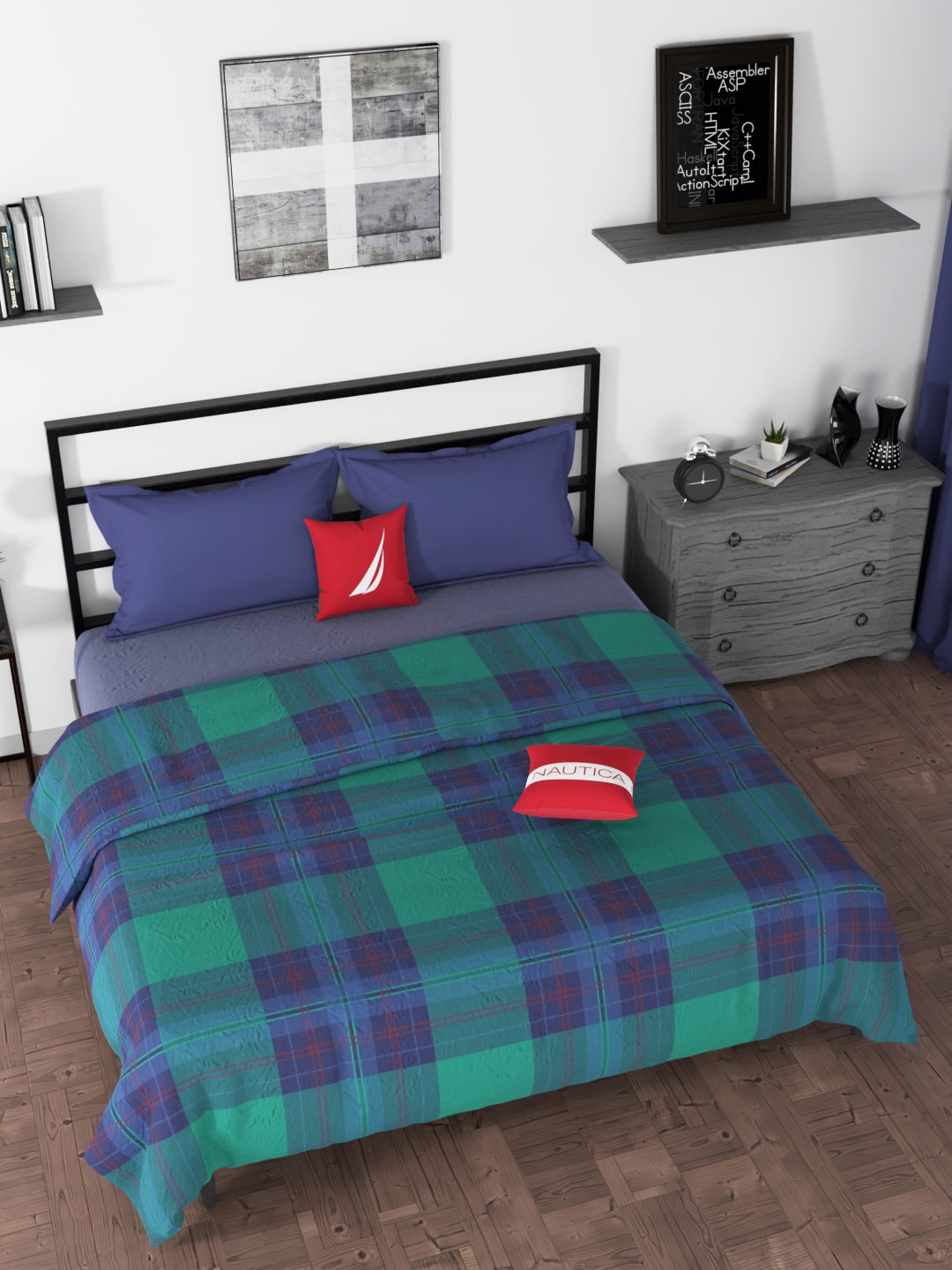 

Nautica Green & Blue Checked AC Room 210 GSM Double Bed Dohar