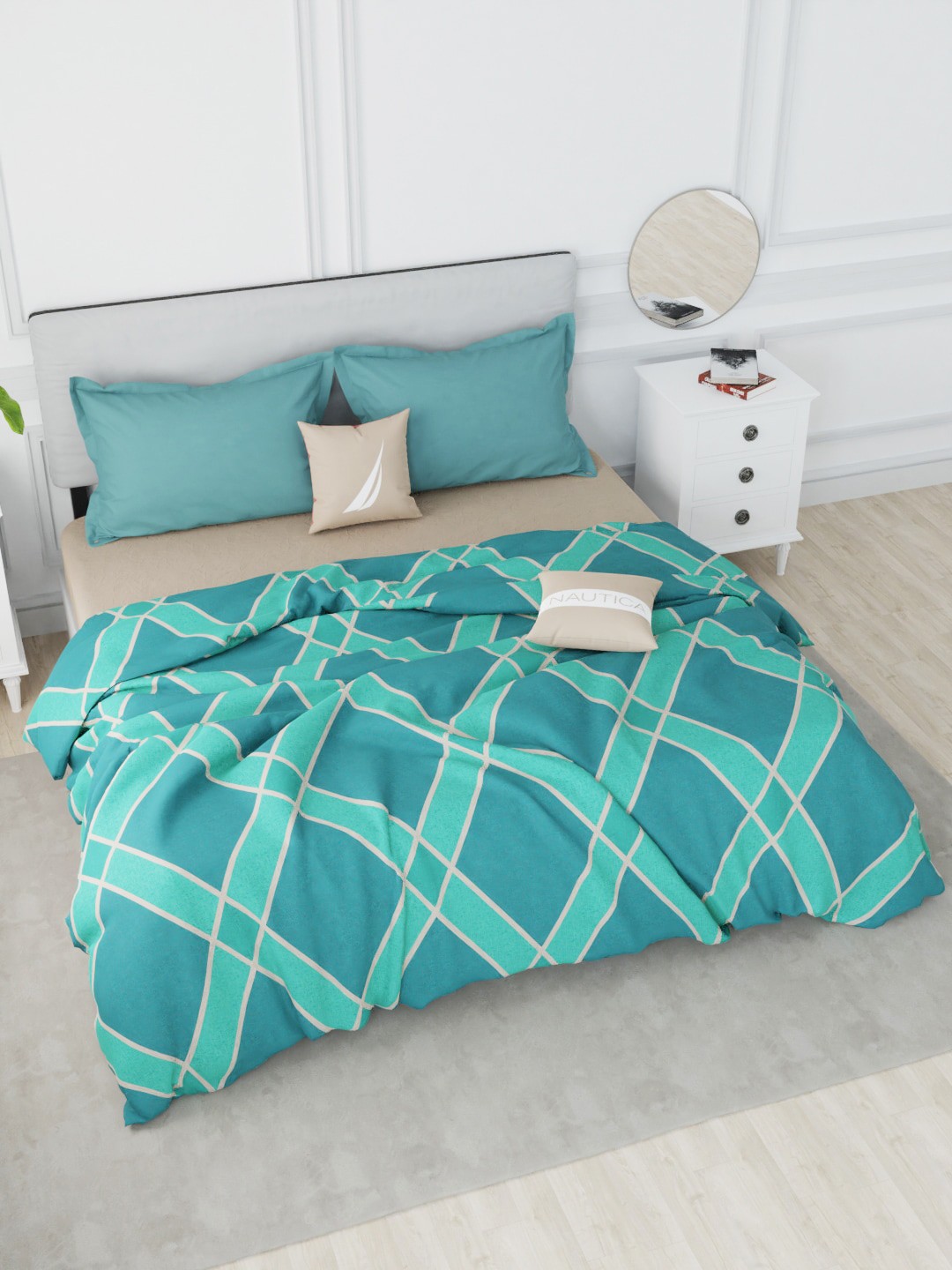 

Nautica Green & Khaki Geometric Printed AC Room 150 GSM Pure Cotton Double Bed Quilt