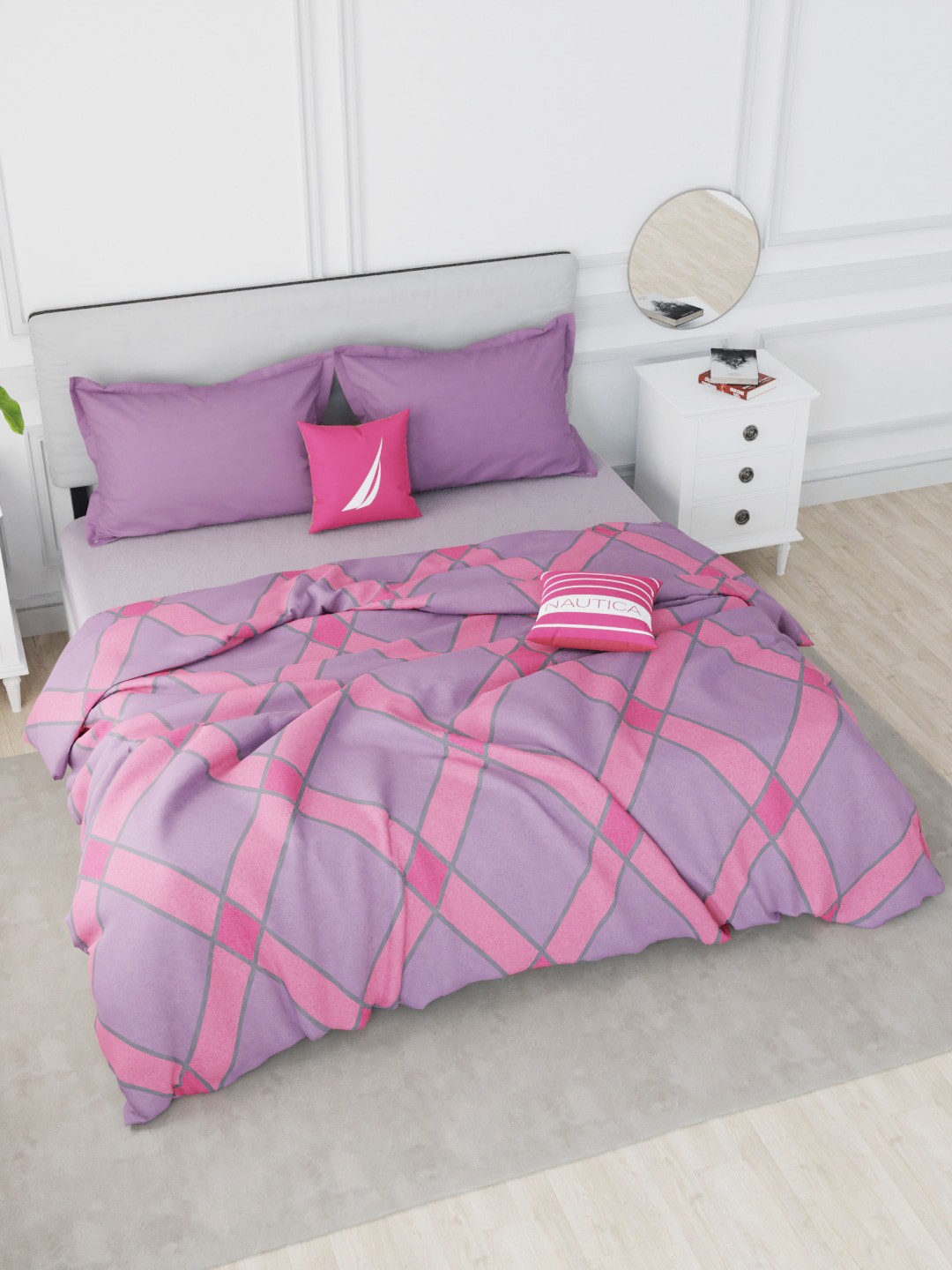 

Nautica Adults Peach & Purple Geometric AC Room 150 GSM Pure Cotton Double Bed Quilt