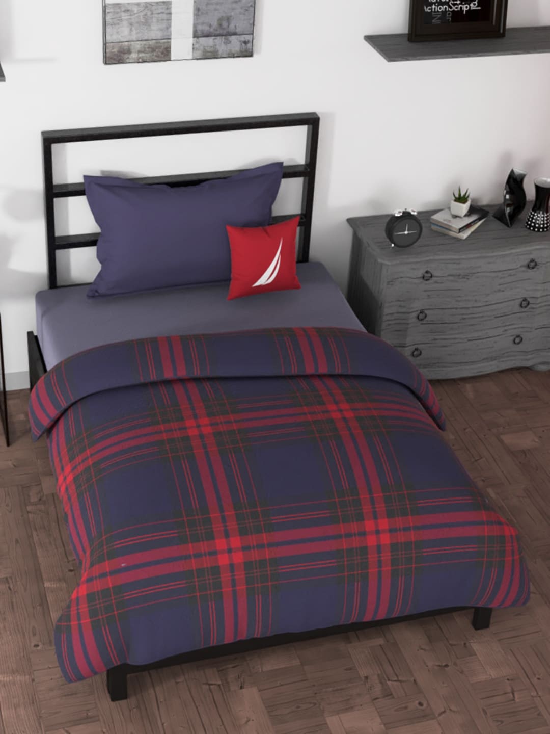 

Nautica Blue & Red Checked AC Room 120 GSM Pure Cotton Single Bed Quilt