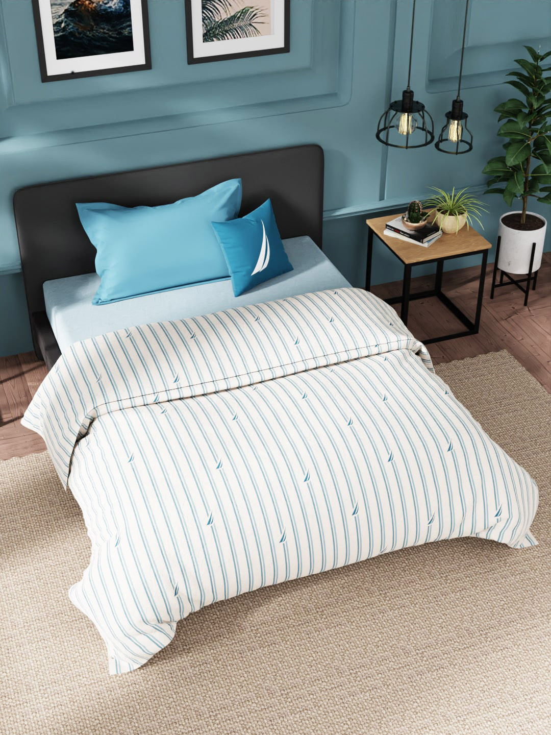 

Nautica Blue & White Striped AC Room 120 GSM Pure Cotton Single Bed Quilt