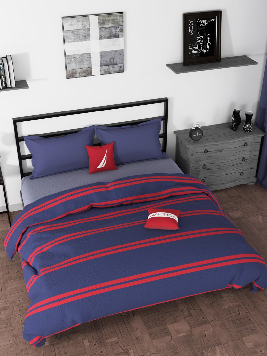 

Nautica Blue & Red Striped AC Room 120 GSM Pure Cotton Double Bed Quilt