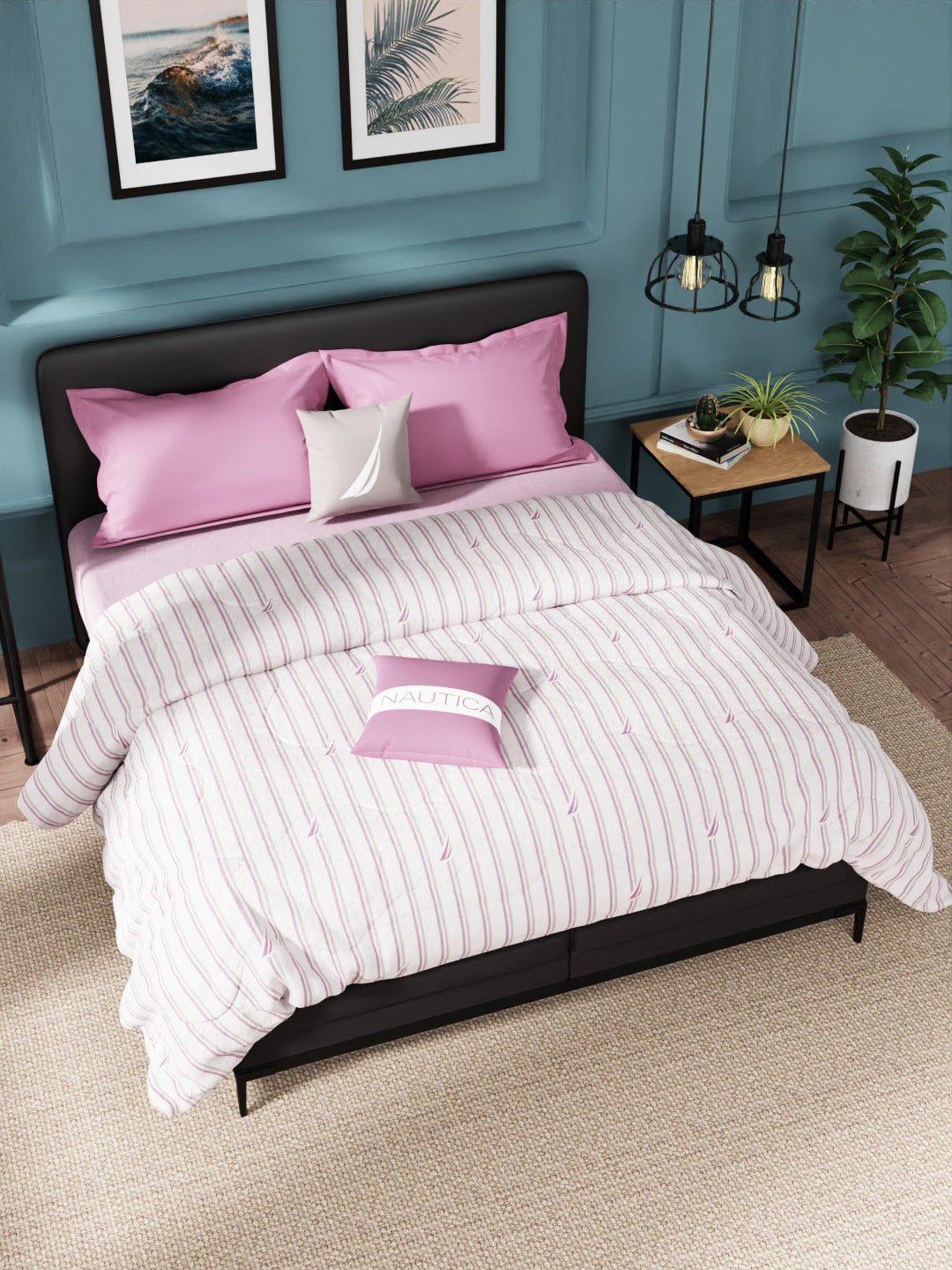 

Nautica Grey & White Striped AC Room 120 GSM Pure Cotton Double Bed Quilt