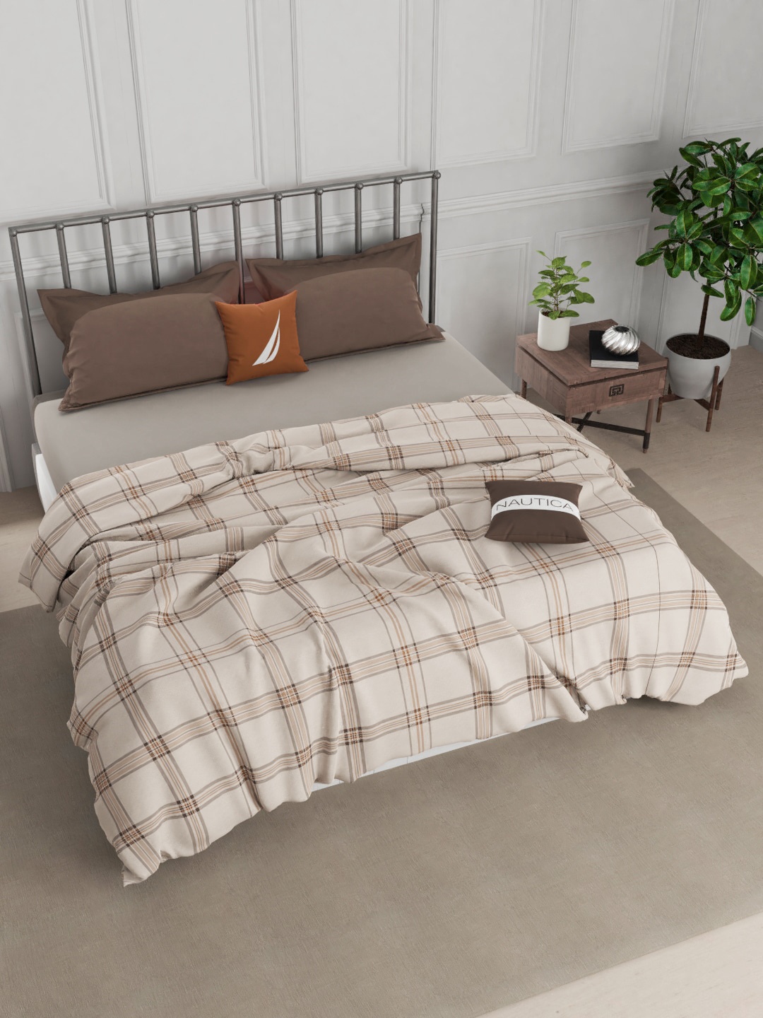 

Nautica Brown & Cream-Coloured Checked AC Room 150 GSM Pure Cotton Double Bed Quilt