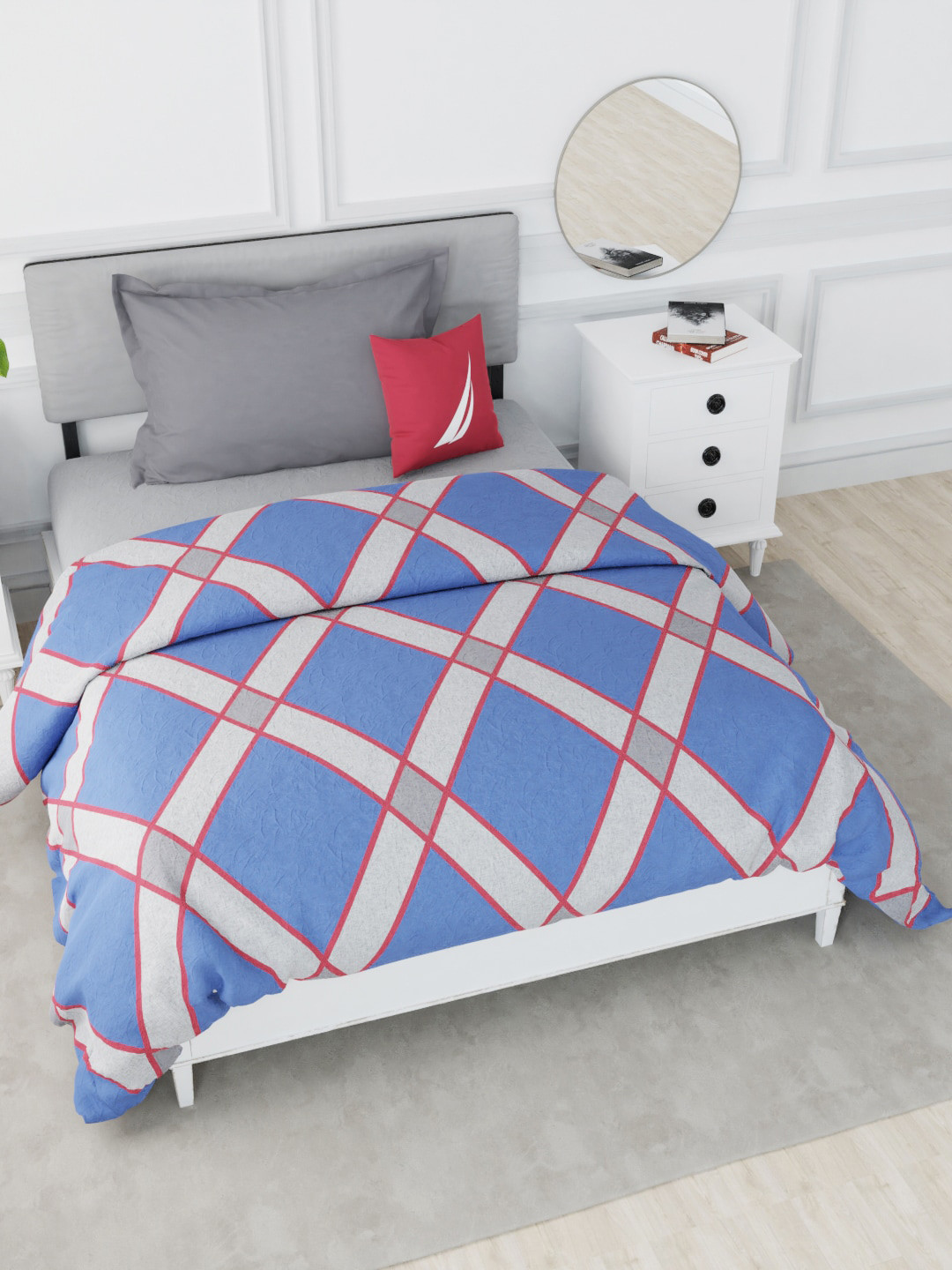 

Nautica Blue & Red Geometric AC Room 150 GSM Pure Cotton Single Bed Quilt