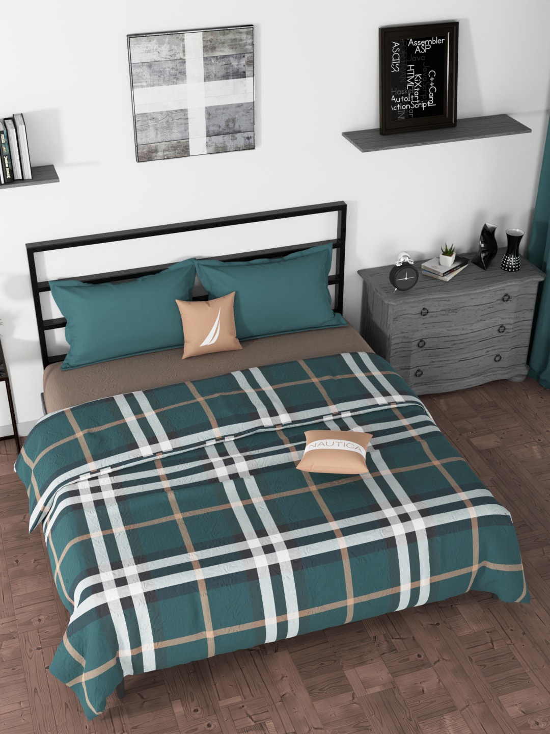 

Nautica Green & White Checked AC Room 210 GSM Double Bed Dohar