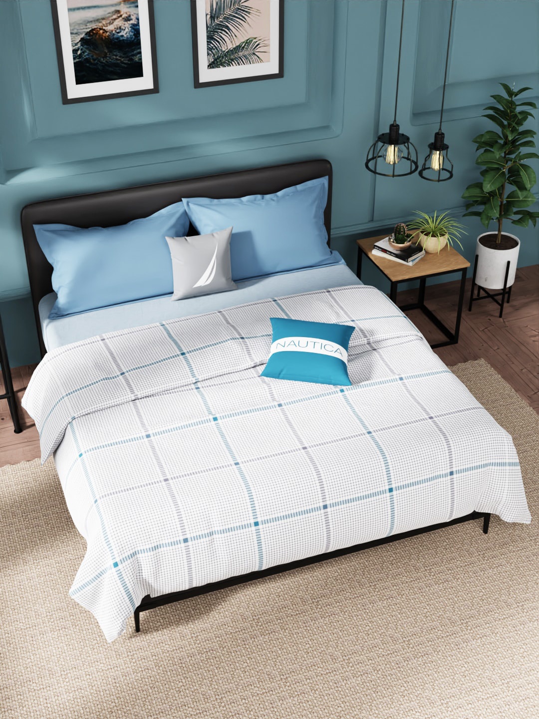 

Nautica Grey & Blue Checked AC Room 210 GSM Double Bed Dohar