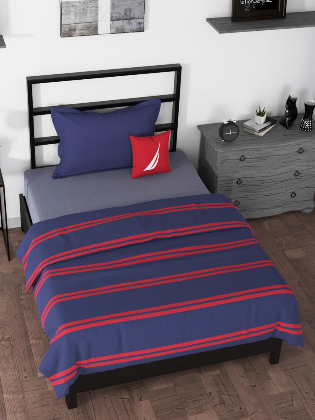 

Nautica Navy Blue & Red Striped AC Room 210 GSM Single Bed Dohar